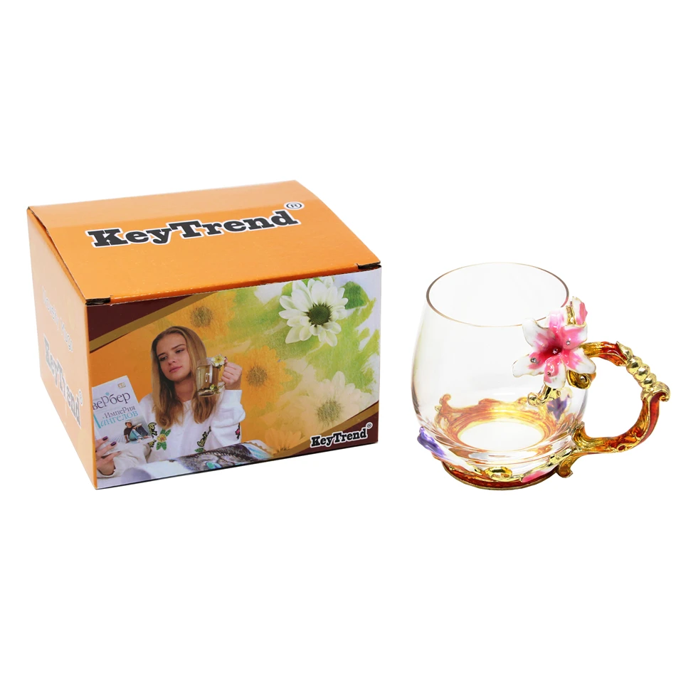 KEYTREND Glass Coffee Mug Traditional Chinese Handmade Enamel Flower