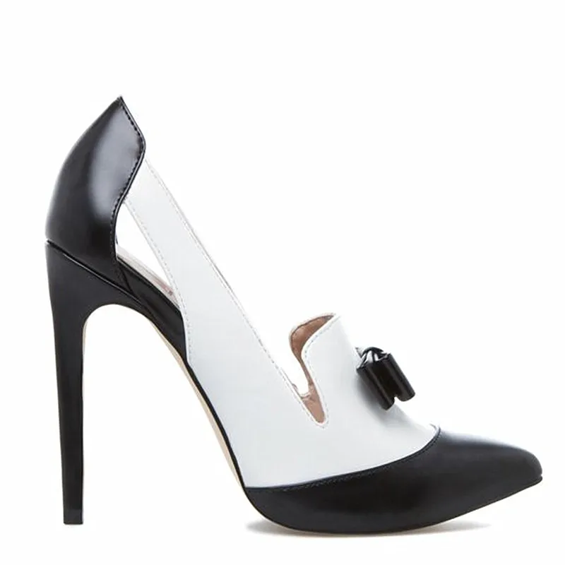 Женские туфли-лодочки на высоком каблуке, украшенные бантиком спереди; цвет черный, белый; контрастные цвета; кожаные туфли-лодочки без шнуровки с острым носком на шпильке