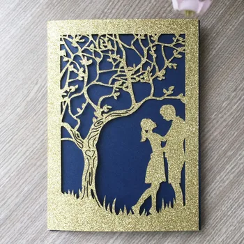 

20pcs Laser Cut Glitter Rose Gold Pink Silver Color Romantic under tree with Couple Engagement Marriage Wedding Invitation Card