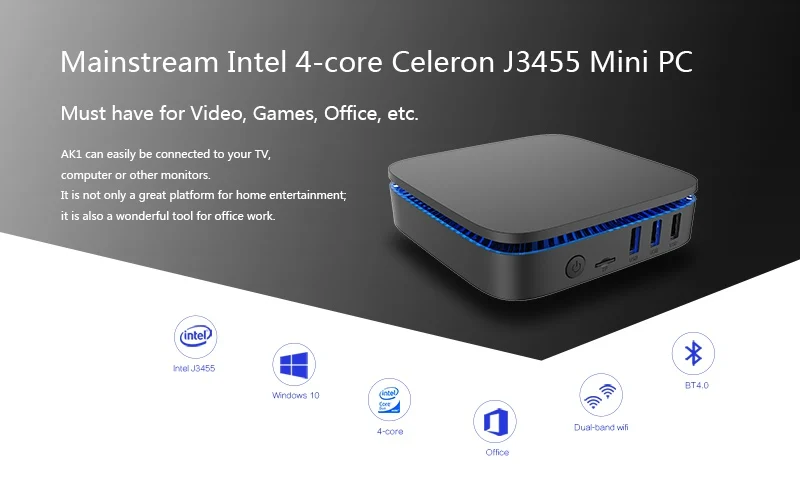 Unistorm AK1 Win10 Мини ПК Intel Apollo Lake Celeron J3455 4G/32G BT4.0 5,8G wifi 4K HDMI 2,0 Windows 10 tv Box Поддержка 2,5 ''HDD