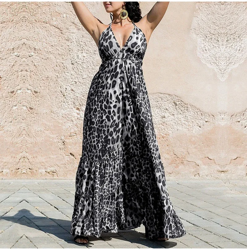 Женское сексуальное уличное леопардовое платье, летнее платье на тонких бретелях с качелями размера плюс, без рукавов, вечерние платья макси, длинное платье Vestidos DG077