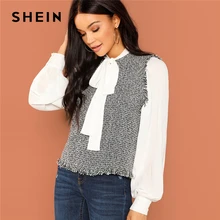 SHEIN Стильная Офисная Блузка С Бантом, Контрастная Блузка С Длинными Рукавами