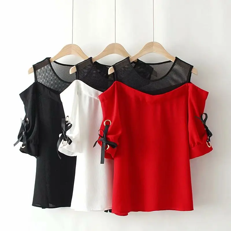 

Plus size off shoulder O-neck Short sleeve bow t shirts women 2019 Mesh chiffon patchwork tshirt summer ladies tops black & red