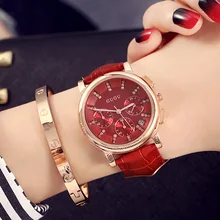 Fashion Women Casual Six pin Calendar Watch Brand GUOU Luxury Genuine Leather Ladies Quartz Watch Waterproof