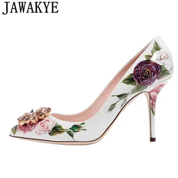 

Spring summer rhinestone Shoes Women embroidery flower 10 cm 6cm high heels Pumps runway design bridal crystal wedding shoes