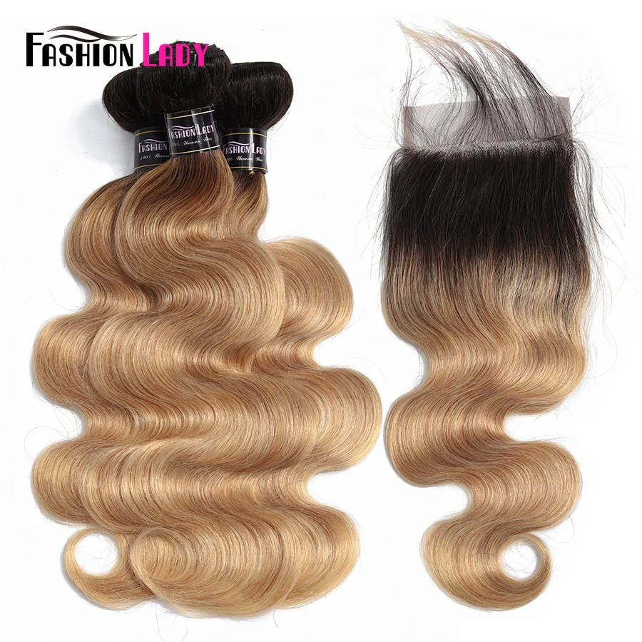 

FASHION LADY Pre-Colored Ombre Bundles Brazilian Hair Bundles With Closure Bodywave 1B/27 3 Bundles With Closure 4x4 Non-Remy