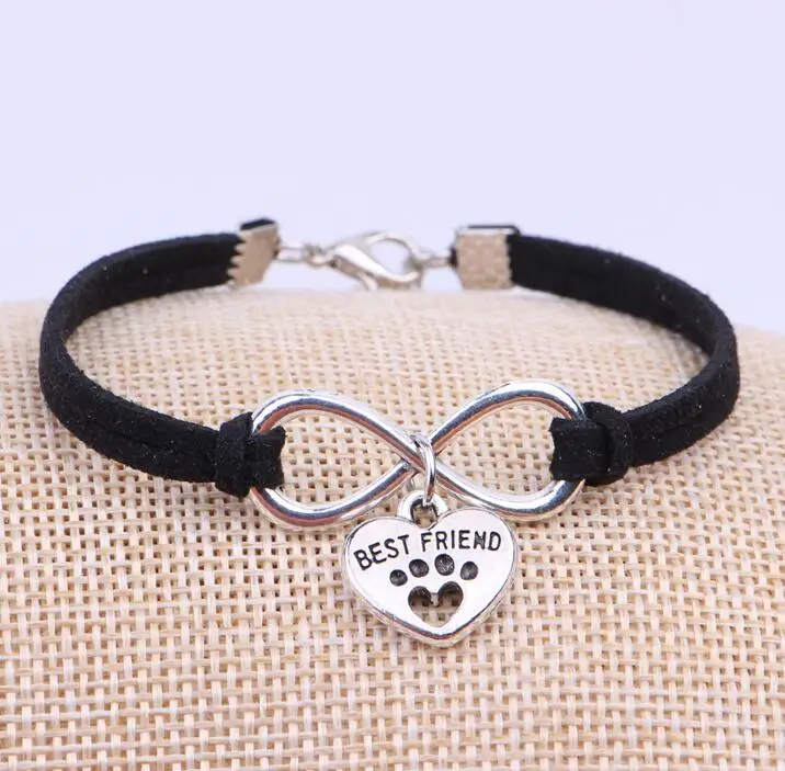 

Silver Pets Dogs Paw Best Friend Cat Charms Pendant Leather Infinity Bracelet