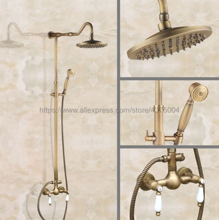 Antique Brass Wall Mounted Shower Set Faucet Dual Handle with Hand Sprayer Bathroom Shower Mixers 8" Rainfall Nan513