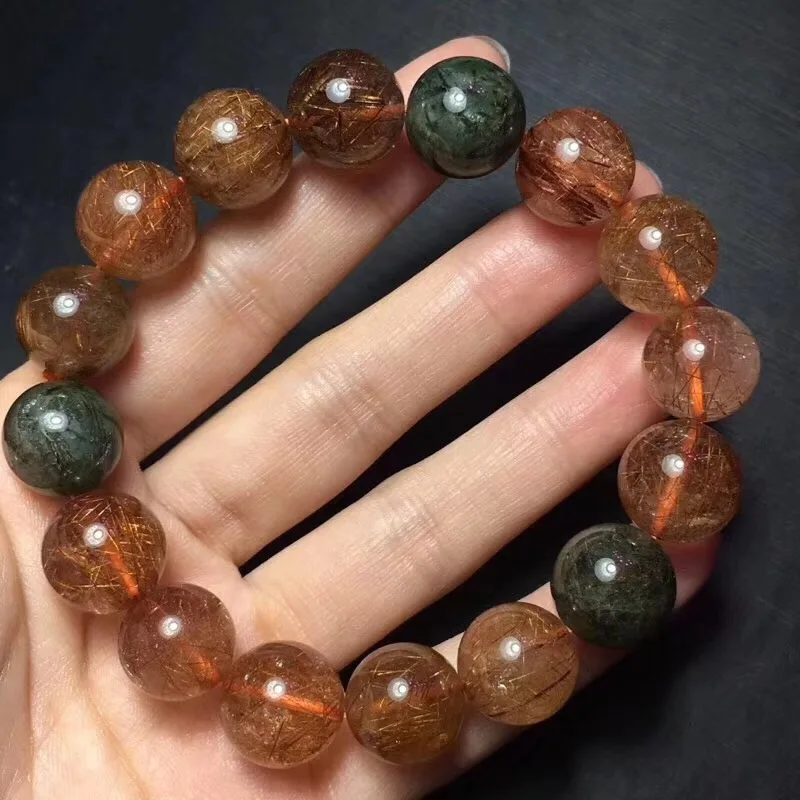 

14mm Genuine Natural Copper Rutilated Quartz Crystal Bracelet Round Beads Fashion Gemstone For Woman Lady Gift Bracelets AAAAA