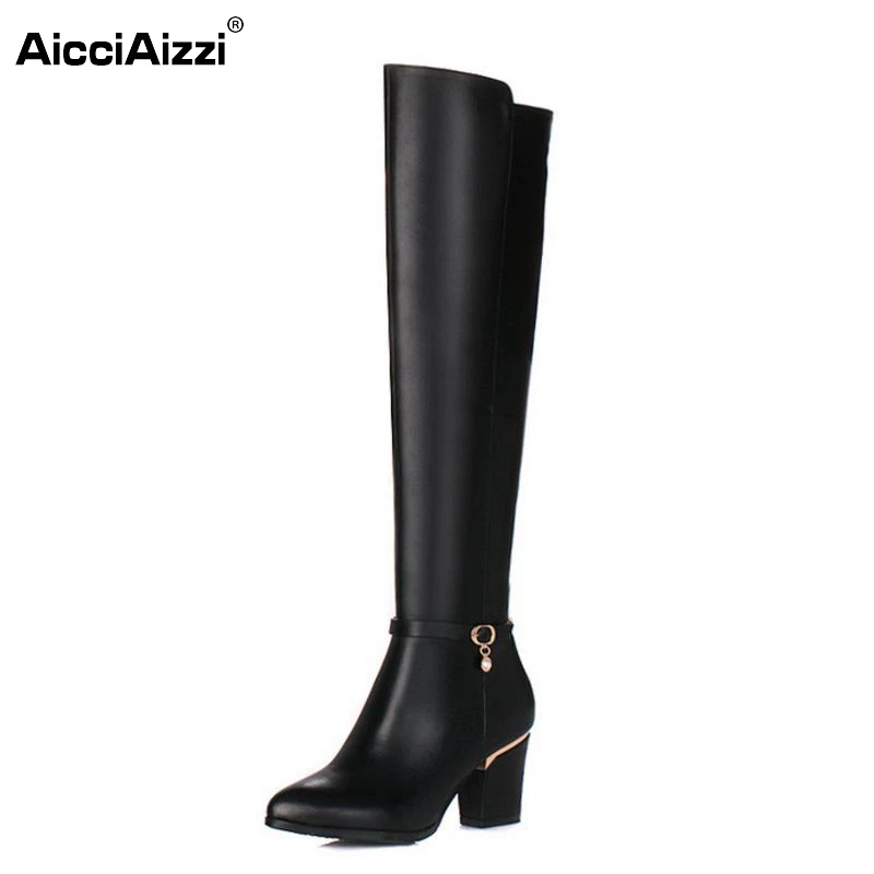 Women Genuine Real Leather Over The Knee Boots Winter Boots Sexy Square Heel Fashion Pointed Toe Women Boots Shoes Size 34-39 fashion slim rivets thick heel pointed toe zip winter snow boots genuine leather stretch fabric over the knee boots women boots