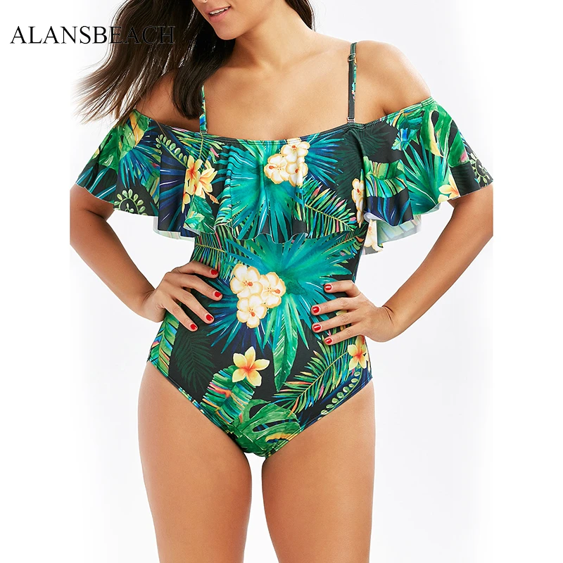 

ALANSBEACH Off Shoulder One Piece Swimsuit Monokini Womens Plus Size Bikinis Swimwear Bathing Suit Female Beachwear AB00081