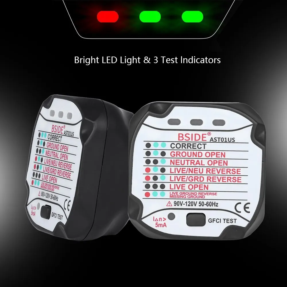 

AST01 Socket Tester Outlet Voltage Tester US Plug Automatic Electric Circuit Polarity for Voltage Detector Breaker Finder