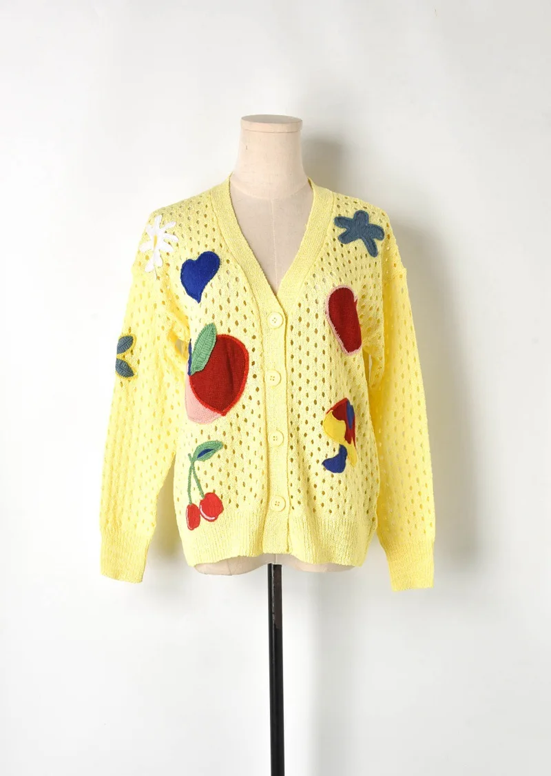 Подиум кардиган женский Сердце фрукты пэчворк v-образный вырез длинный рукав выдалбливают свитера вязаный свитер для женщин топ C-065
