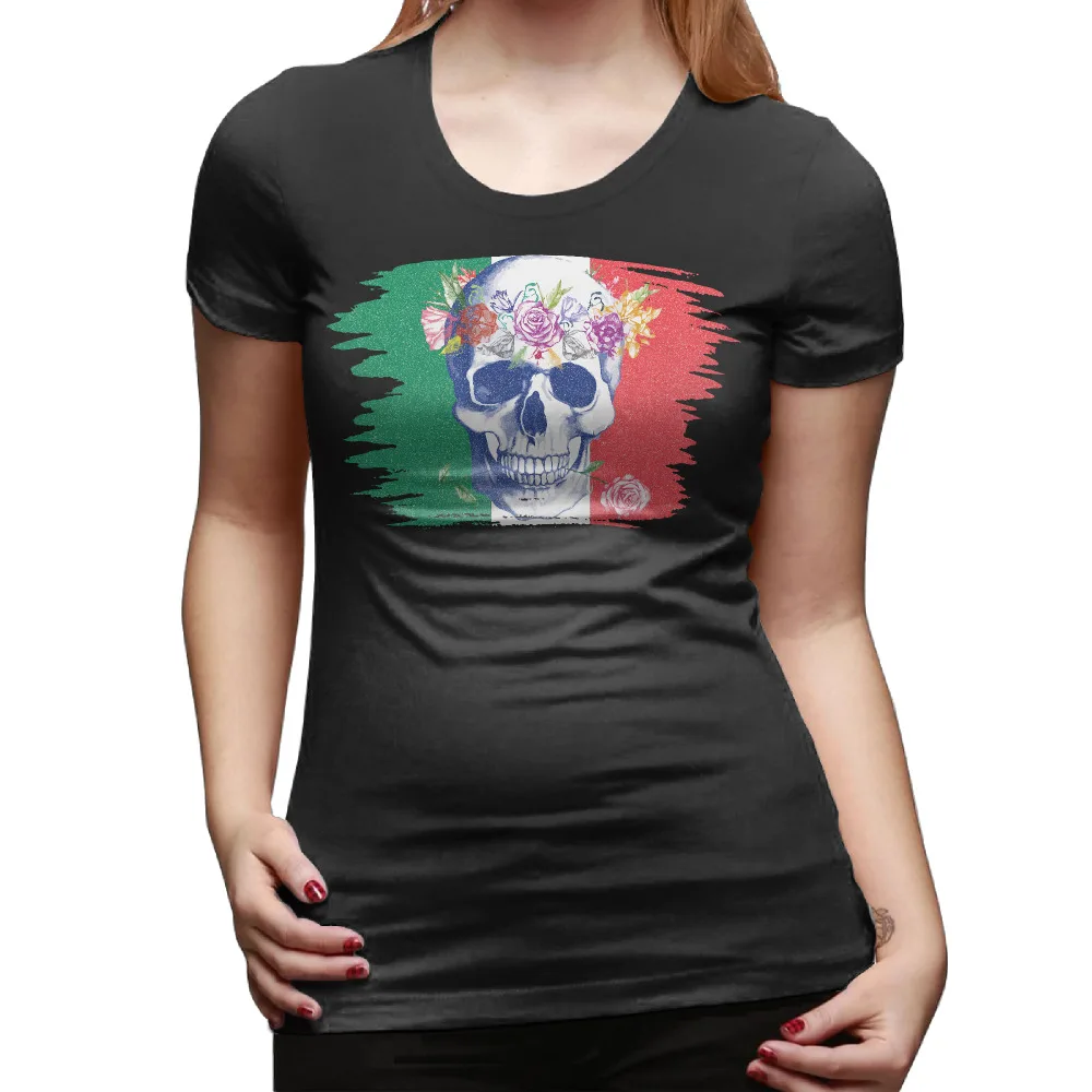Wanita Bendera Meksiko Sugar Skull Dengan Bunga T Shirt Lengan