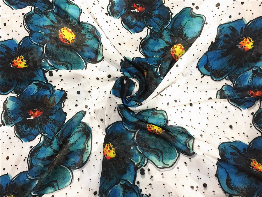 

LEO & LIN White Background Dot Black And Green Petals Chiffon European Yarn Air Layer Digital Printing Spot Fabrics 50cm