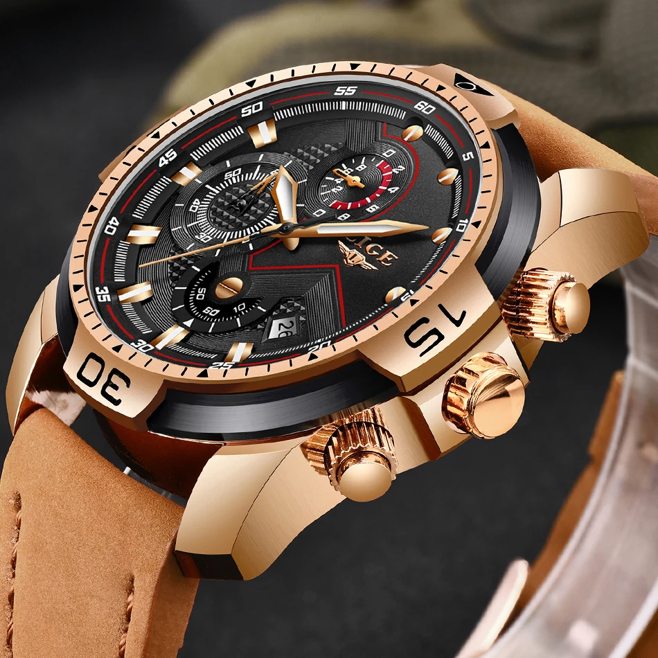  LIGE Mens Watches Top Brand Luxury Military Sport Watch Men Leather Waterproof Wristwatch Analog Qu