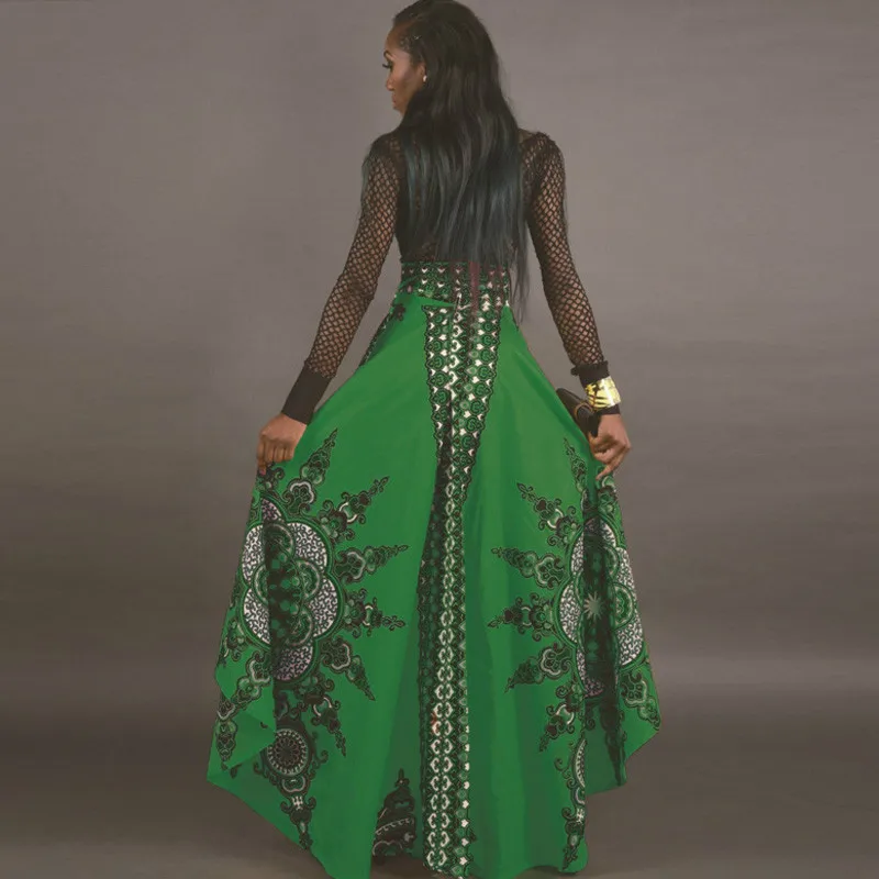 Новые винтажные юбки с принтом новые женские асимметричные юбки с завышенной талией в пол плиссированные асимметричные вечерние юбки макси - Цвет: green