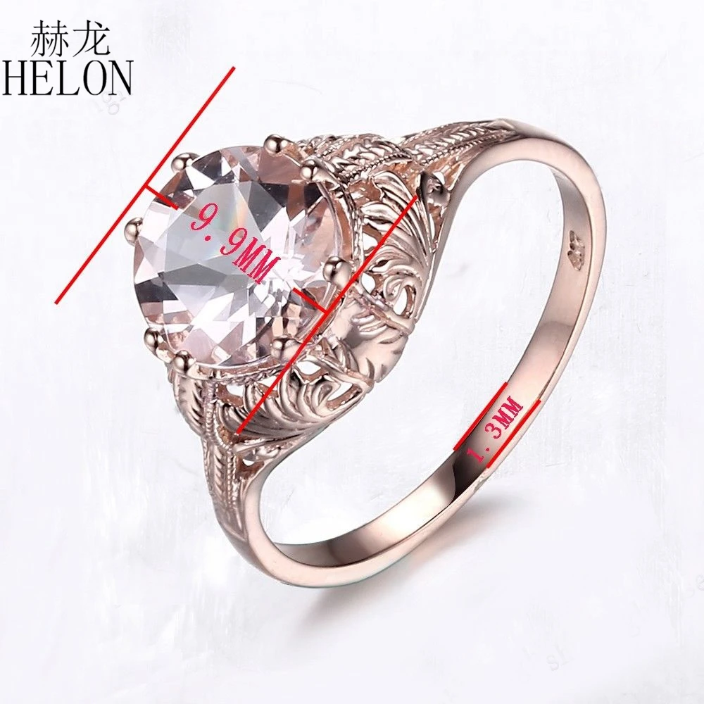HELON Flawless 8mm Round Pink Morganite Ring Solid 14K Rose Gold Wedding Gemstone Ring Vintage Style Engagement Art Deco Ring