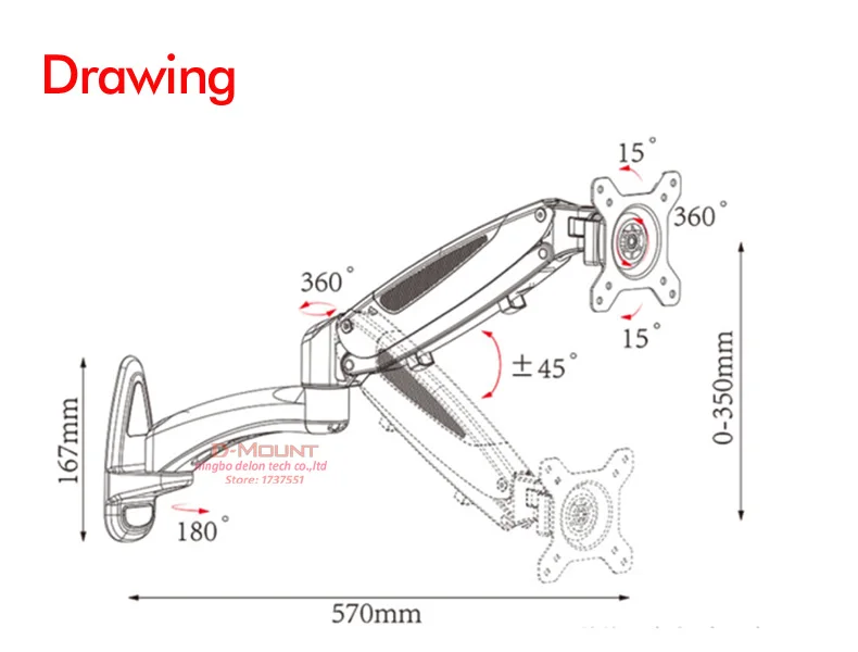 DL-GST112W 9-20 кг газовая пружина 2 arm 1" 23" 2" tilte360 поворот алюминиевый ЖК-настенный поворотный монитор экран настенный кронштейн полка