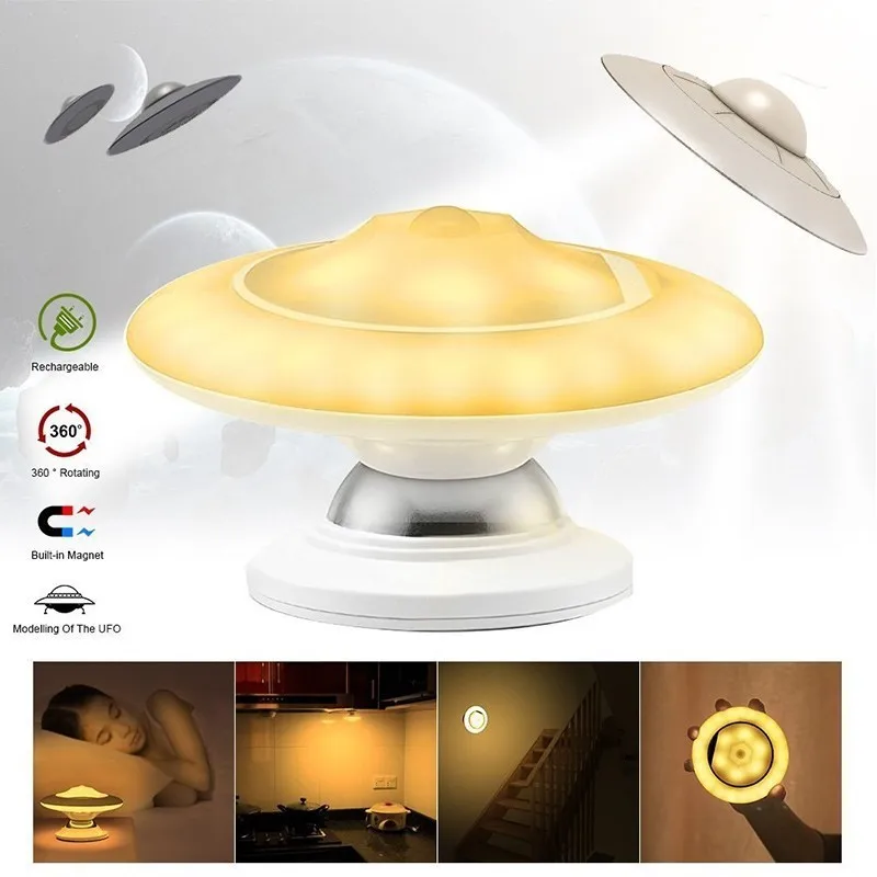 

Motion Sensor Led Night Light 360 Degree Rotating Lamp With Motion Sensor UFO Shape Lamp Battery Powered Nightlight USB Charge