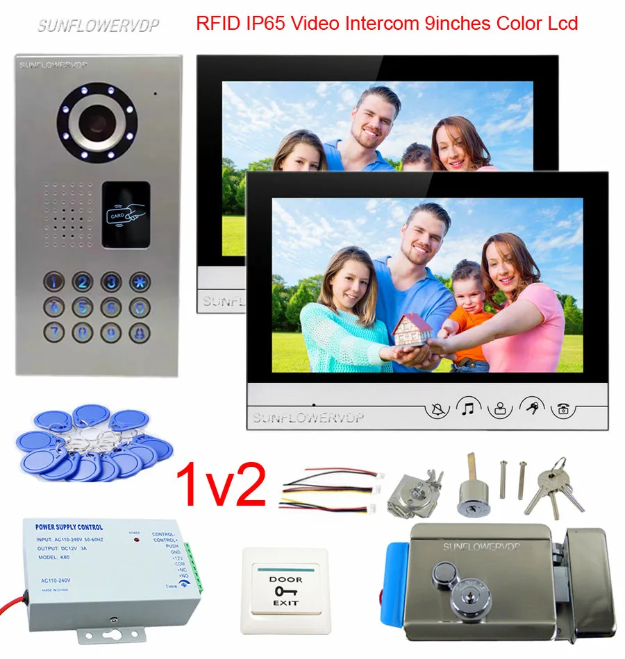 

9" Color Indoor 2 Monitors Wired Video Doorbell IP65 Waterproof Rfid Door Camera Home Intercom With Electronic Lock 2 Units Kit