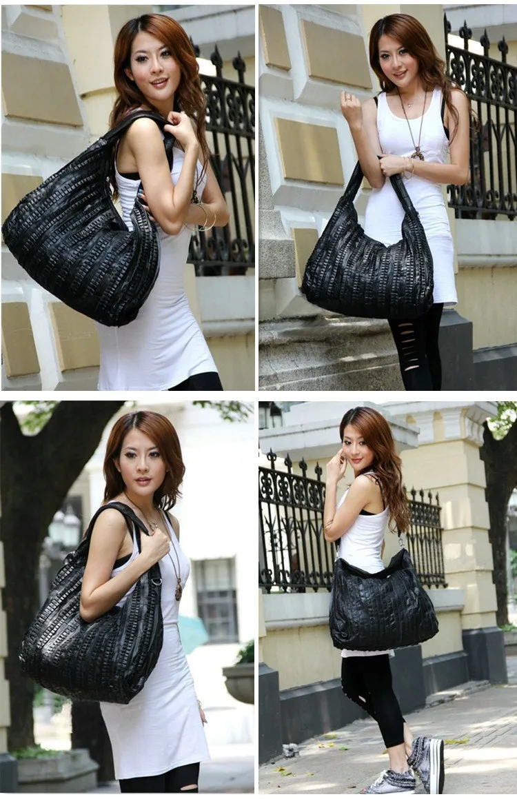 www. - Large Hobo Black Bag Genuine leather sheep skin