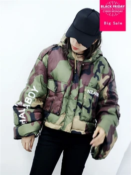 

Winter 90% natural fur duck down Camouflage printed hooded down coat female plus size loose style short warm down coat wq337