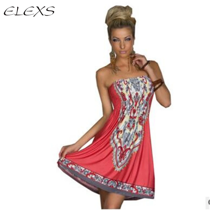 

ELEXS Women's Beach Style Sexy Dress Print Loose Dress Wrap Chest Sundress Casual Silk Dress E8409