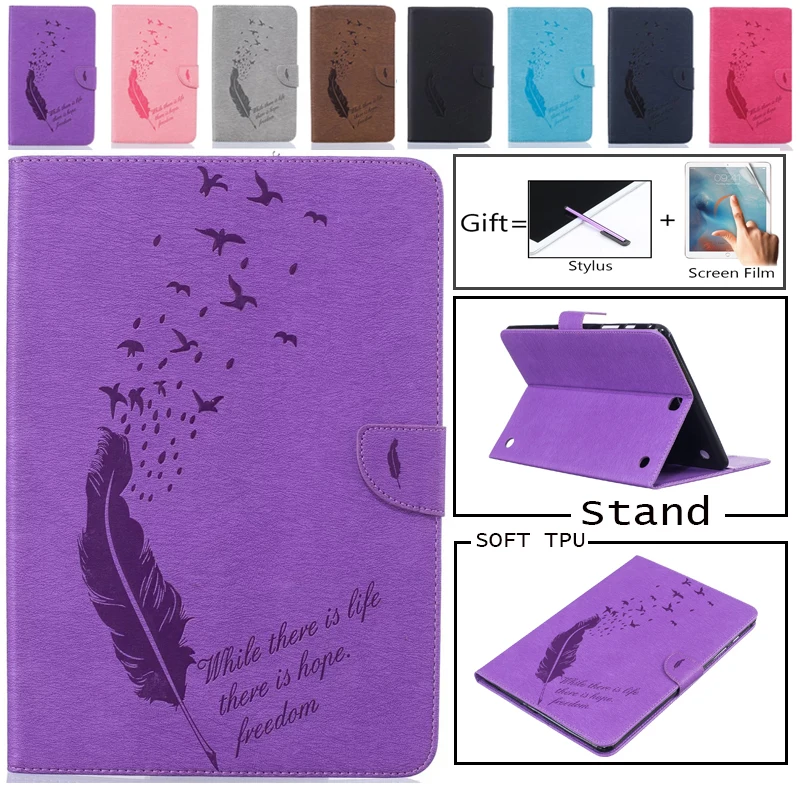 

Luxury Feather Case For Samsung Galaxy Tab A 9.7 Inch SM-T555 T550 PU Leather Stand Flip SM-T550 Tablet Protective Cover + Film