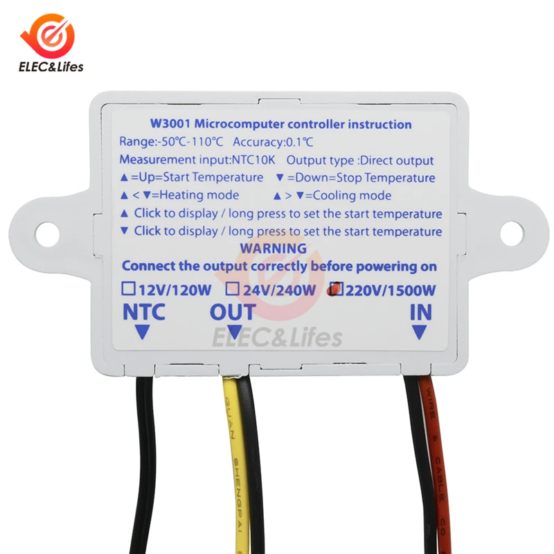 W3001 светодиодный цифровой термостат регулятор температуры 220V 24V 12V 10A реле NTC термометр, датчик температуры Регулятор