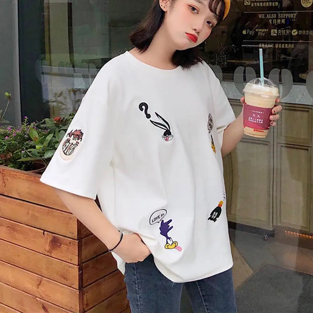 1 قطعة المرأة تي شيرت الصيف أزياء بسيطة السببية فضفاض المحملة قمم 2019 الإناث المتناثرة الكورية يا الرقبة المحملة قميص