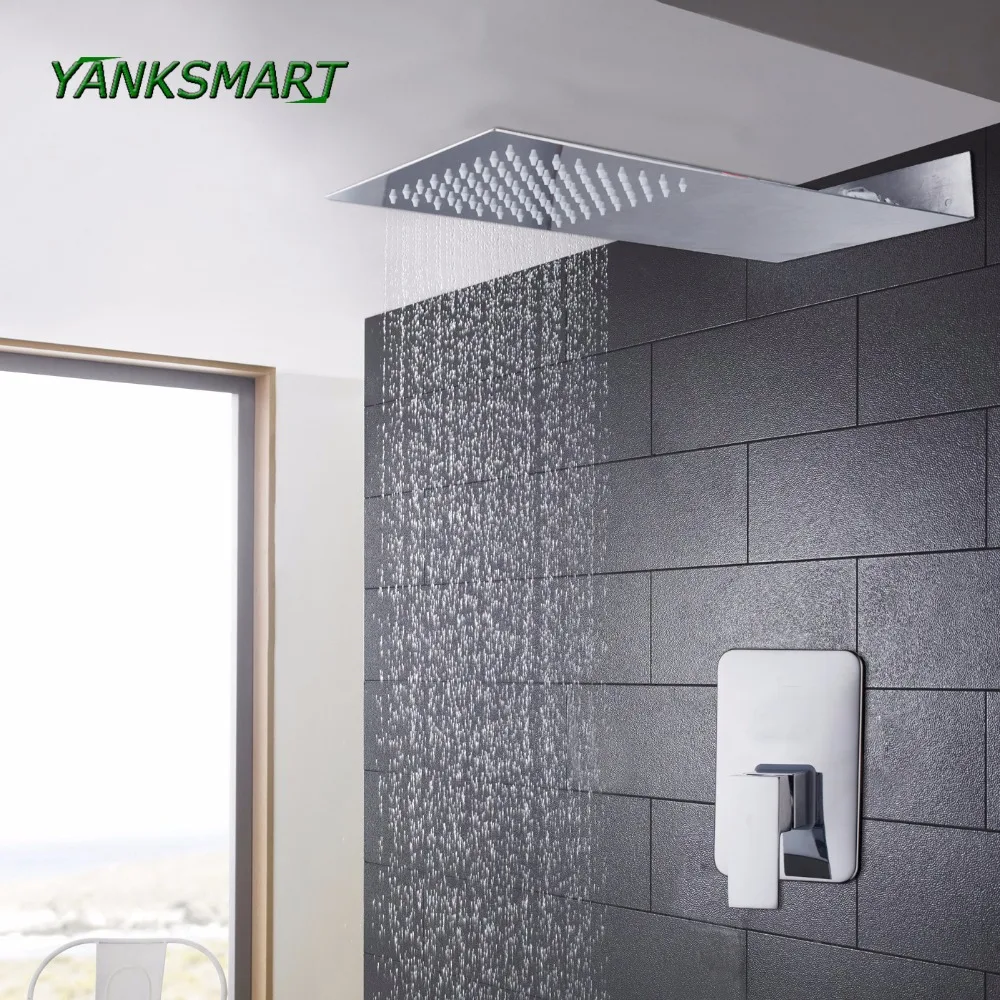 

YANKSMART bathroom rectangle shower head set ultrathin brass stainless steel rainfall shower head & control valve