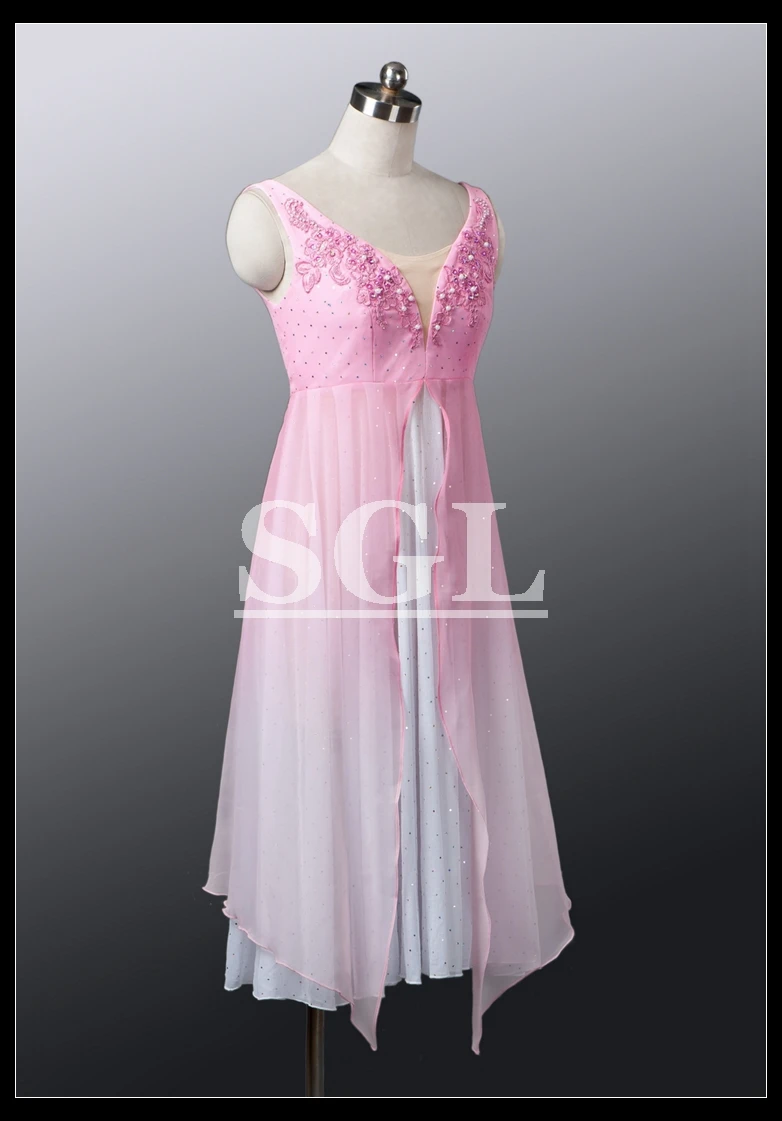 Adult Lyrical Dresses Girls Pink Chiffon Long Skirt With Paillette For Fairy Group Costumes