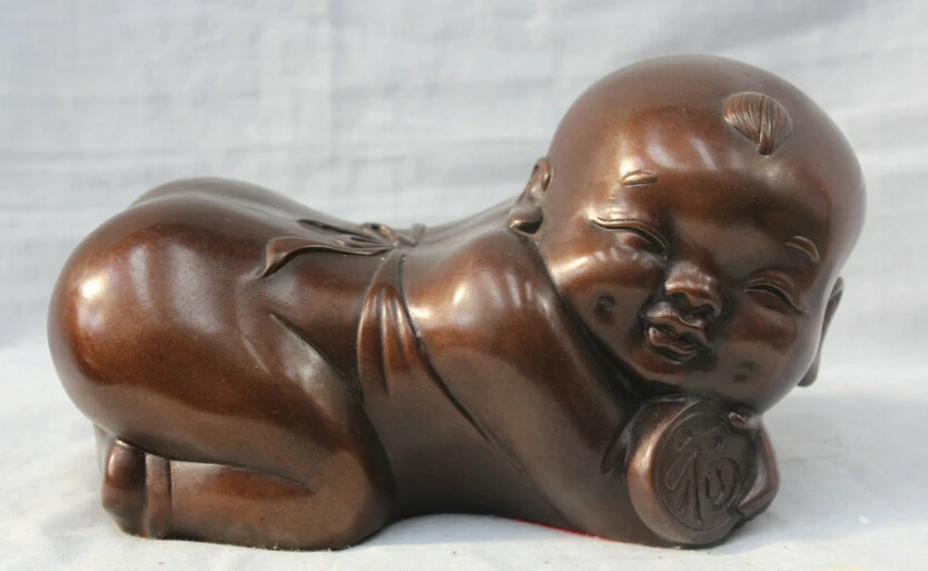 

150610 S1324 Lovely China Chinese Folk Fu Young Kid Boy Head Pillow 100% Bronze Statue