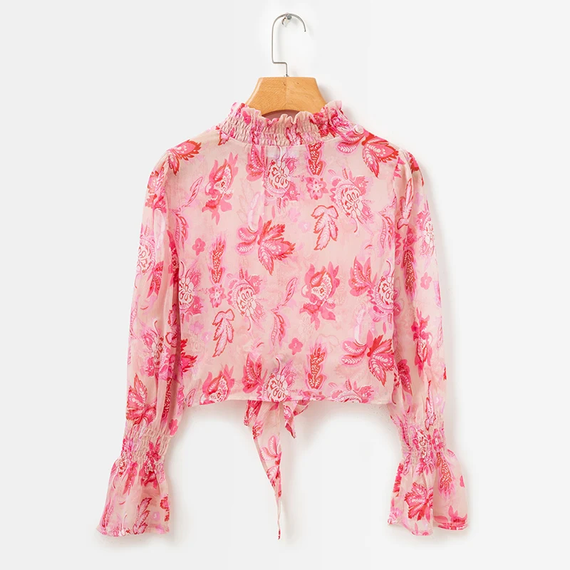 ShejoinSheenjoy Boho Floral Print Chiffon Blouse Flare Sleeve Autumn Stand Women Tops Pink Waist Bow Tie Ladies Casual Shirt (3)