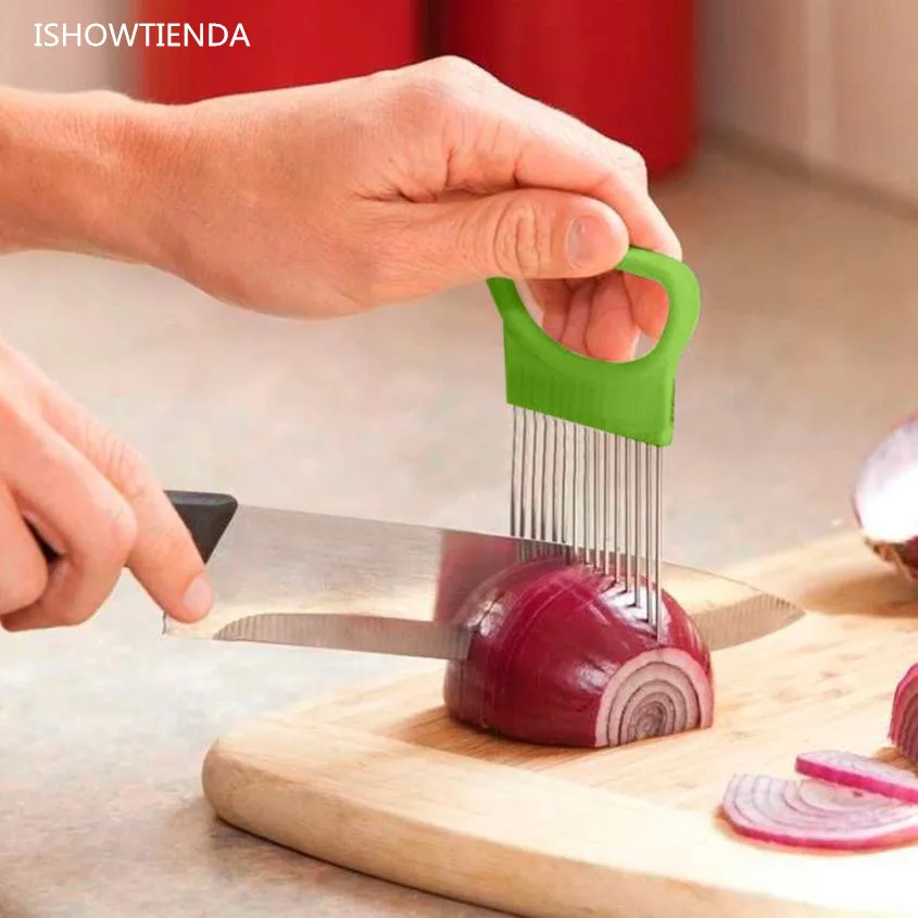 

ISHOWTIENDA New 1PC 11*7.8cm Tomato Onion Vegetables Slicer Cutting Aid Holder Guide Slicing Cutter Safe Fork Kitchen Knife Sets