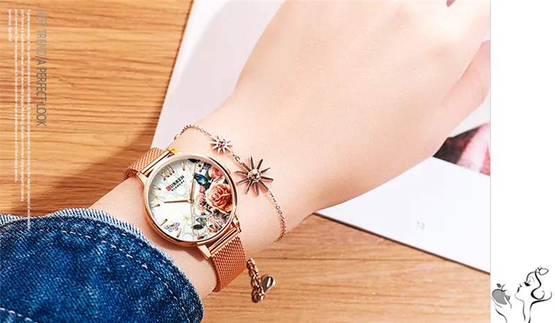 CURREN женские часы лучший бренд Роскошные серебряные женские водонепроницаемые часы сетка браслет из нержавеющей стали цветок женские наручные часы 9060