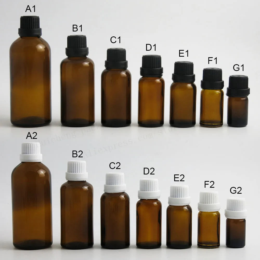 

12 x 100ML 50ML 30ML 20ML 10ML 5ML Empty Small Amber Boston Round Glass Essential Bottle White Black Tamper Evident Cap