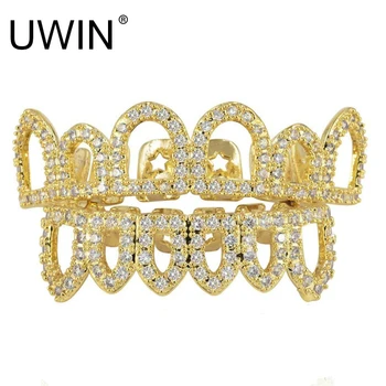 

UWIN NEW Iced out Hip Hop Grills Caps Micro Pave CZ 6 Open Hollow Grills Top & Bottom Grill Set Men Women Mouth Teeth GRILLs