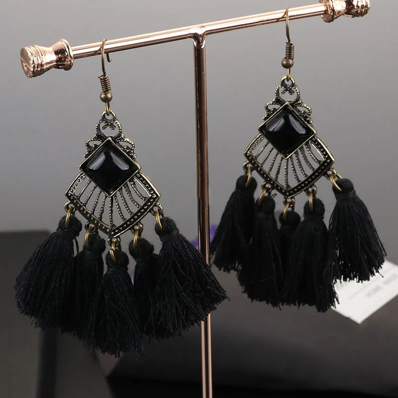 Bohemian Ethnic Boho Long Cotton Tassel Earrings Dangle Drop Fringed Earring for Women