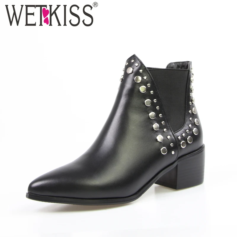 WETKISS Genuine Leather Punk Style Rivets Motorcycle Boots Women Pointed toe Slip on Thick Heels Ankle