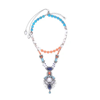 

Elegant Women Jewelry Blue Glass Antique Gold Color Teapot Shape Necklace Big Beads Strand Choker Necklace Collar