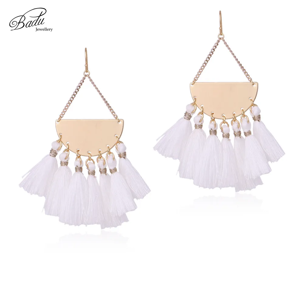 

Badu Triangle Dangle Earring White Fringes Women Chic Tassel Earring 2 Colors Bohemian Jewelry Cotton Handmade Daily Trendy