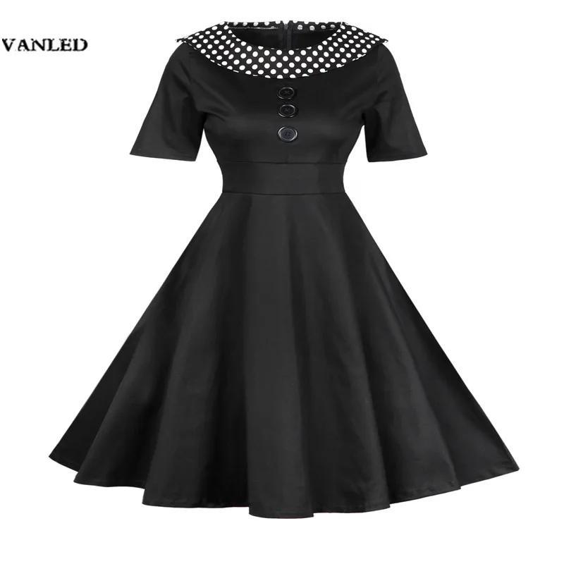 Vanledコットンドレス女性ブラックレッドドットターン