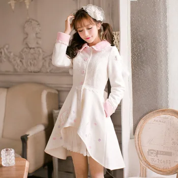 

Princess sweet white coat Candy rain flower Wool ball decoration embroidery Single breasted skirt hem Japanese design C16CD6205