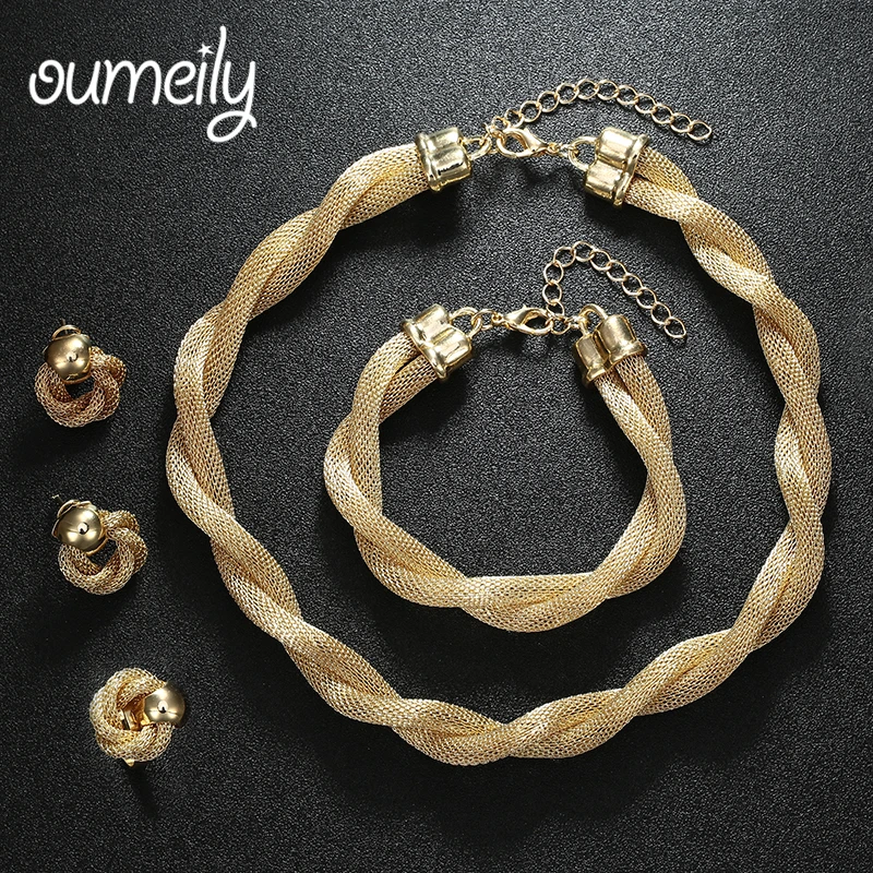 

OUMEILY Exaggerated Big Choker Necklace For Women African Beads Statement Chain Bracelet Ring Jewelry Sets Wedding Accessories