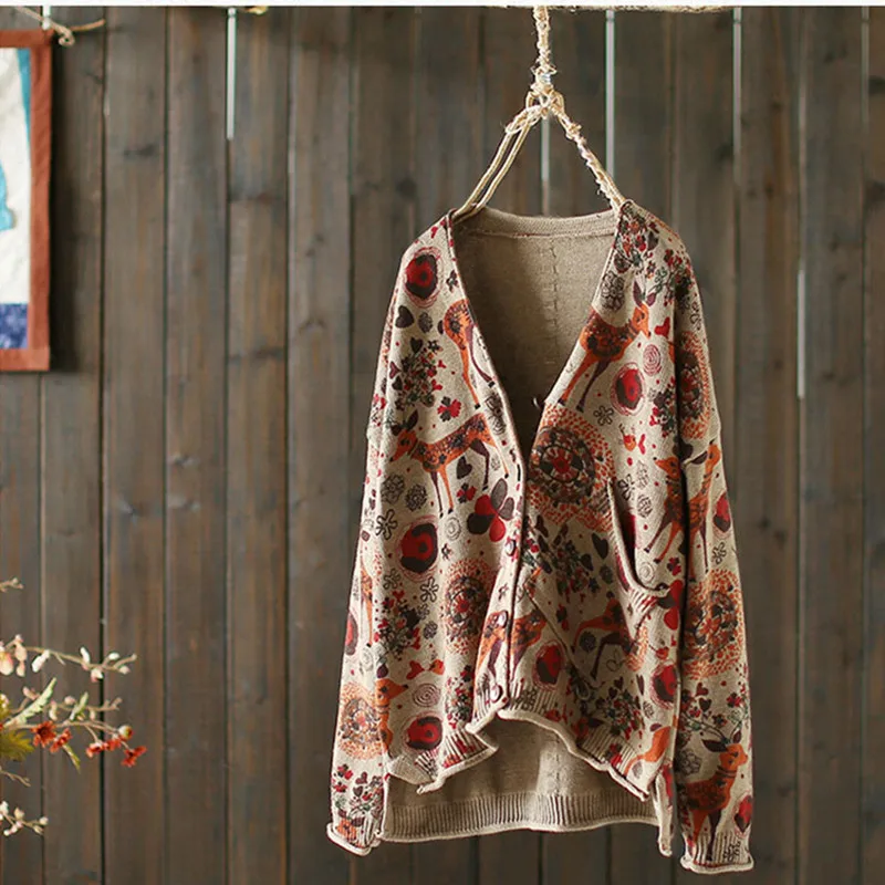 

Flower Birds Deer Printing Women Cardigans Long Sleeve Autumn Knitwear Loose Harajuku Mori Girls Sweater Female Button Pocket