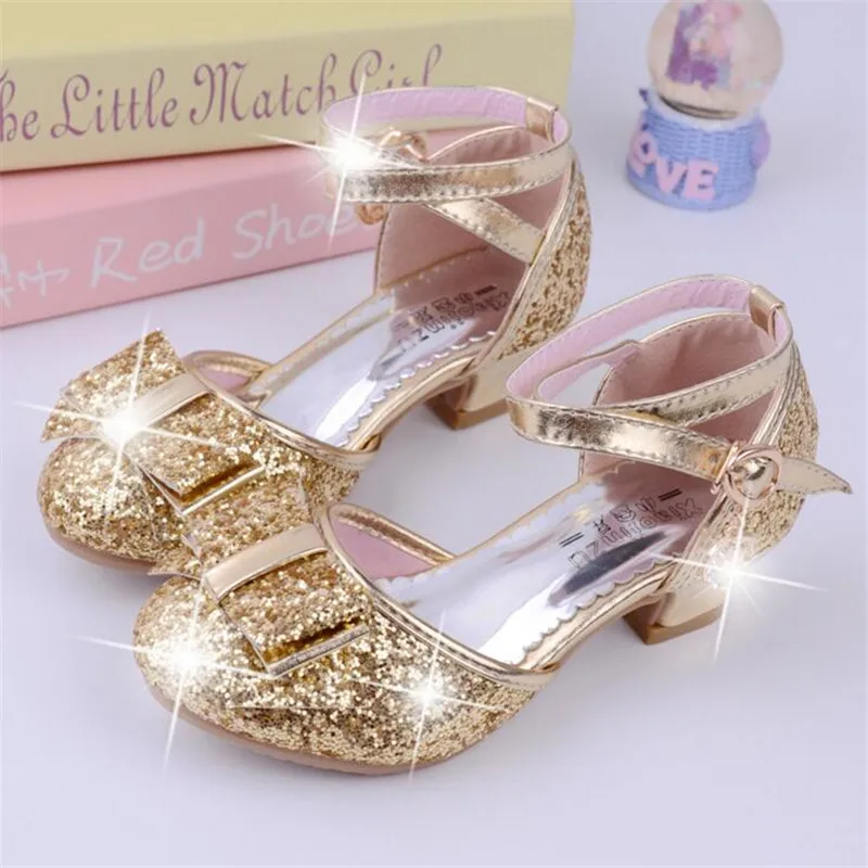 Детские сандалии принцессы с блестками; детская Свадебная обувь для девочек; модельные туфли на высоком каблуке; вечерняя Обувь для девочек; цвет розовый; Размеры 26-38 - Цвет: Золотой