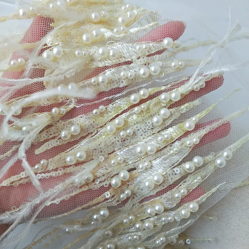 

3D Yellow Pearl Beaded Lace Trim with Ostrich feather for bridal veil, wedding gown , haute couture gowns