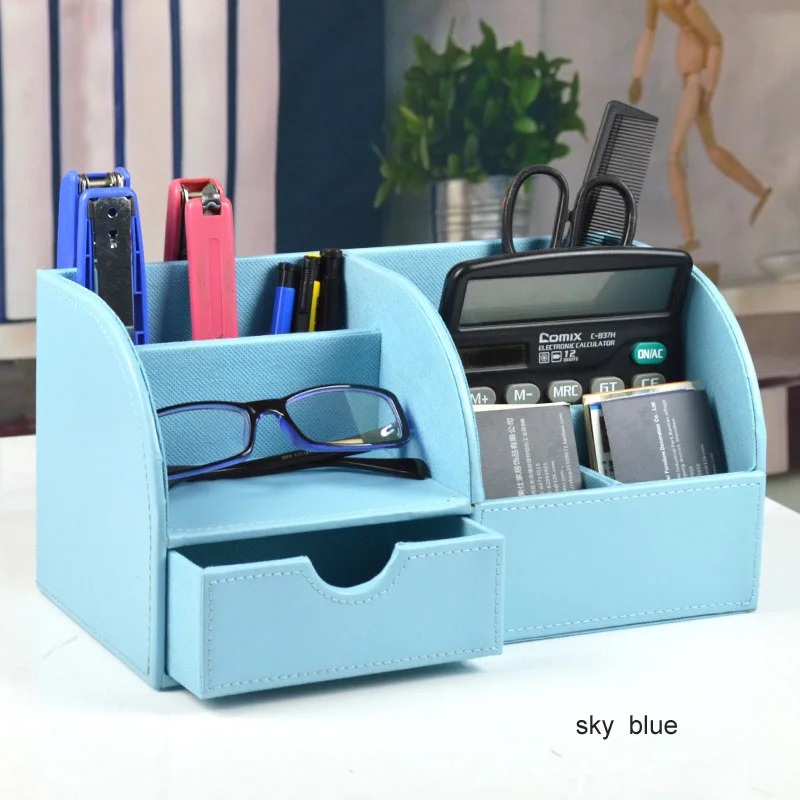 O6-Grid из искусственной кожи органайзер для канцелярских принадлежностей с ящиком ручка карандаш держатель офисные аксессуары для рабочего стола Dest набор стол deco 201E - Цвет: sky blue